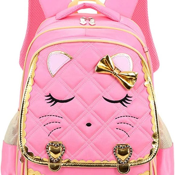 * New Cute Cat Face Bow Diamond Bling Waterproof Pink School Backpack Girls Book - Picture 13 of 15